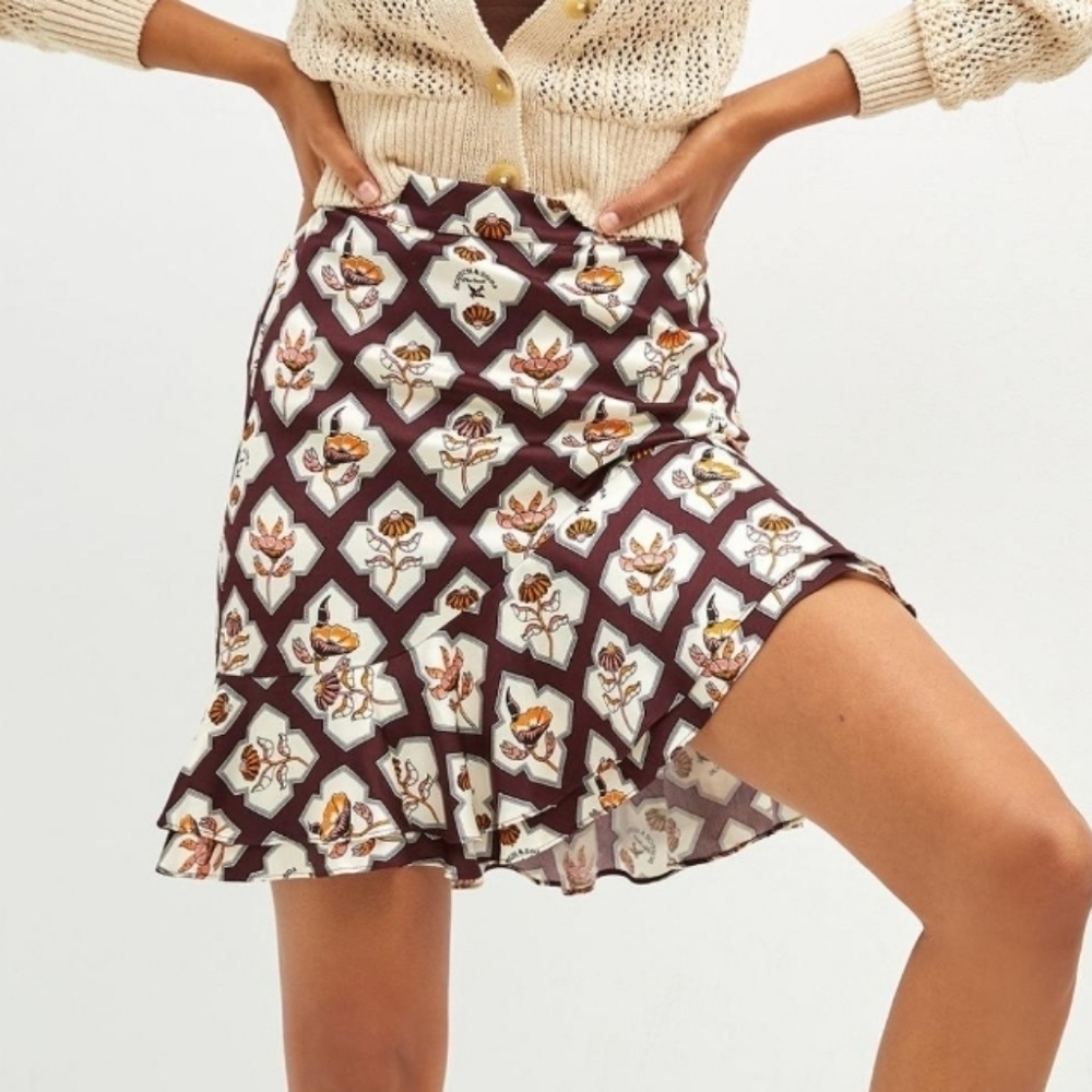 Anthropologie Scotch & Soda Cream/Maroon Print Flounced Mini Skirt - Size XS